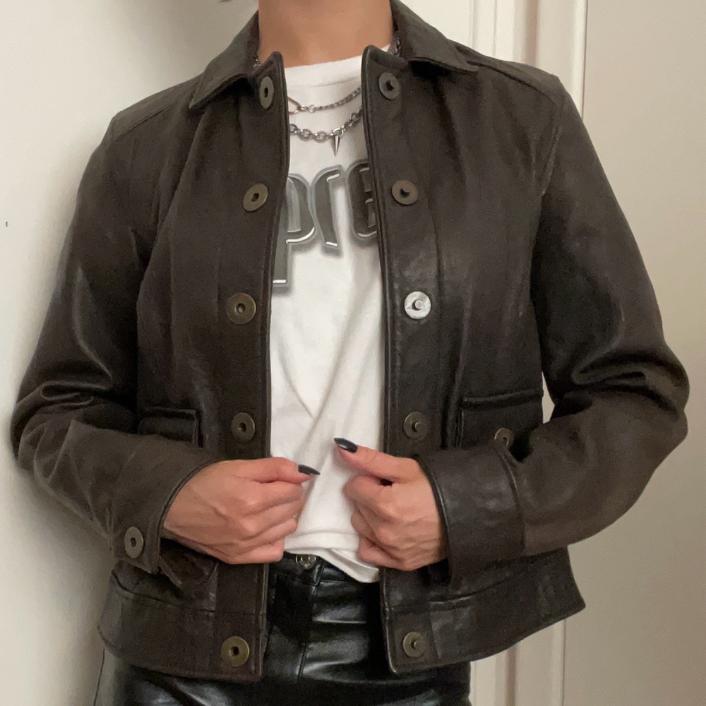 Made in Italy Brown Italian Collar Leather Jacket - Picture 3 of 6